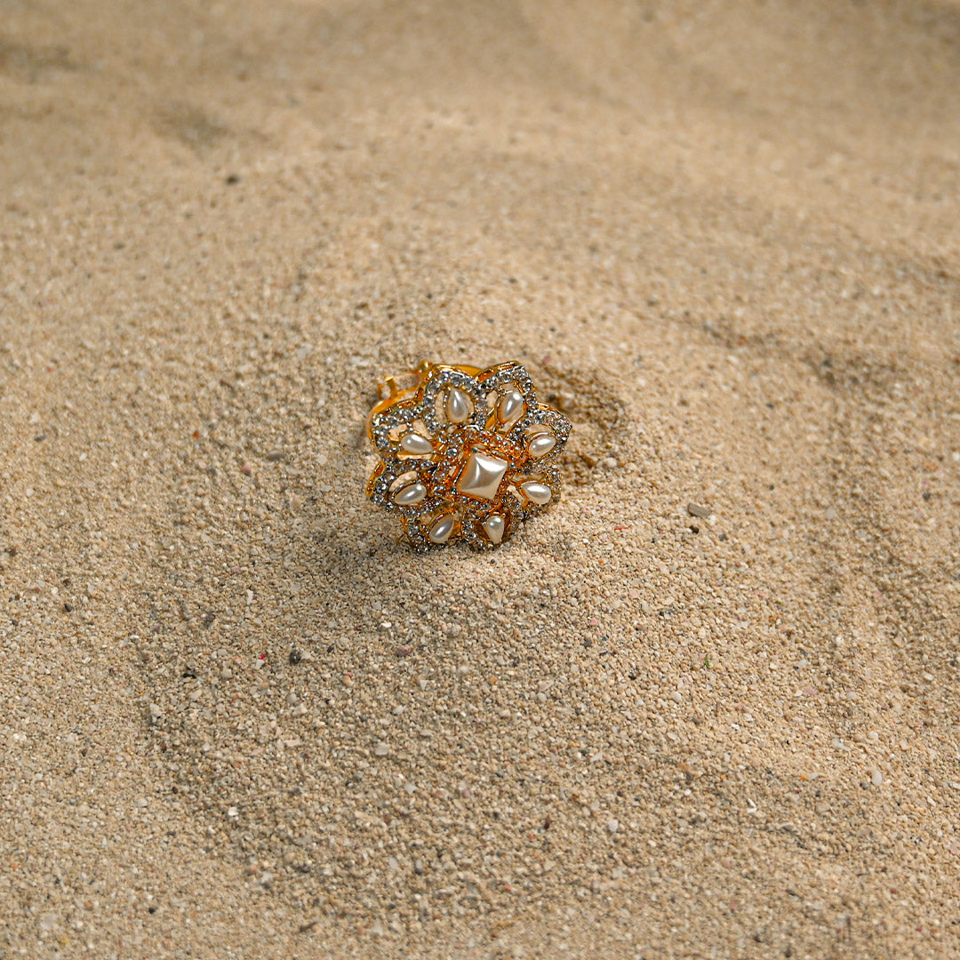 Floral White Pearl Kundan Ring