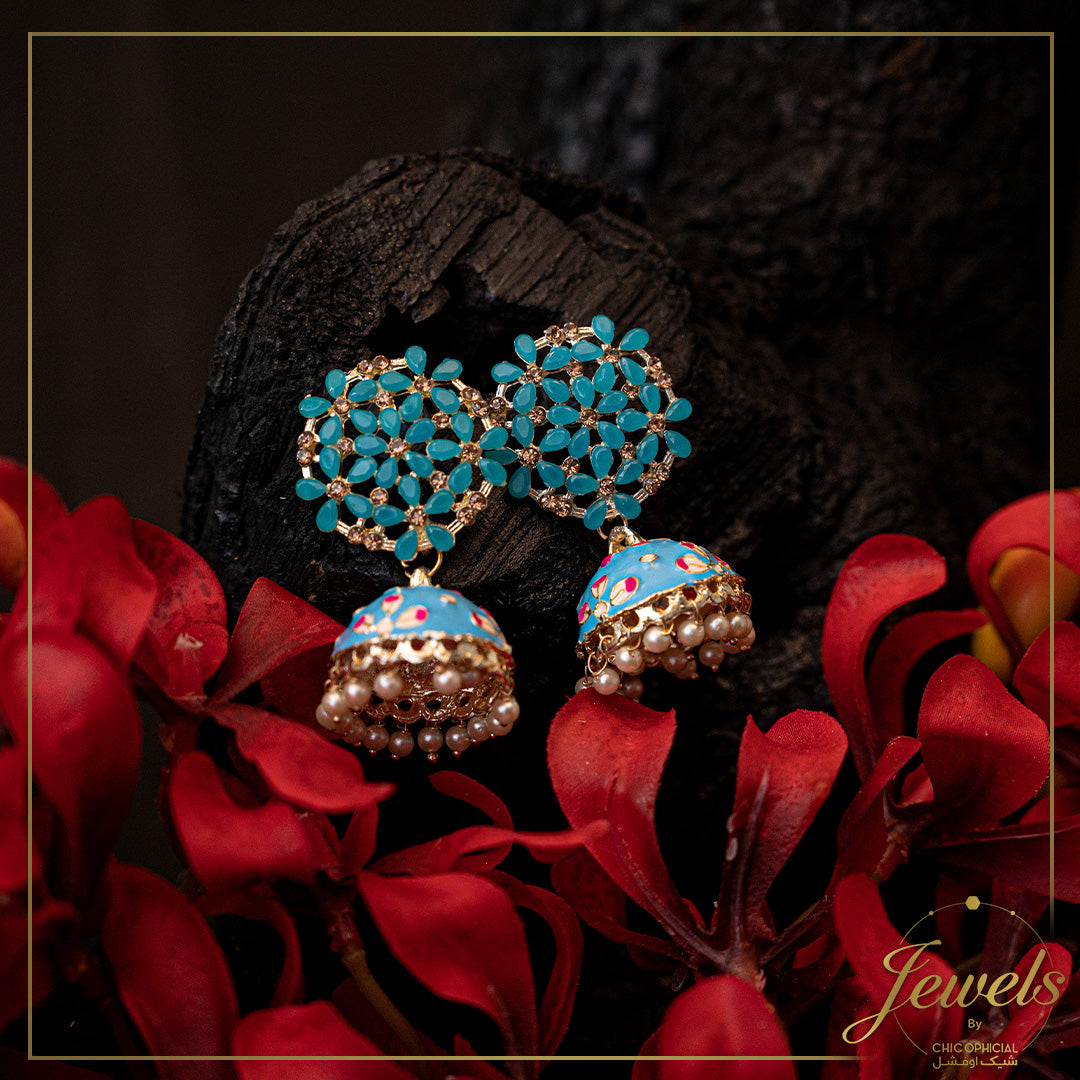 Blue Floral Kundan Jhumki