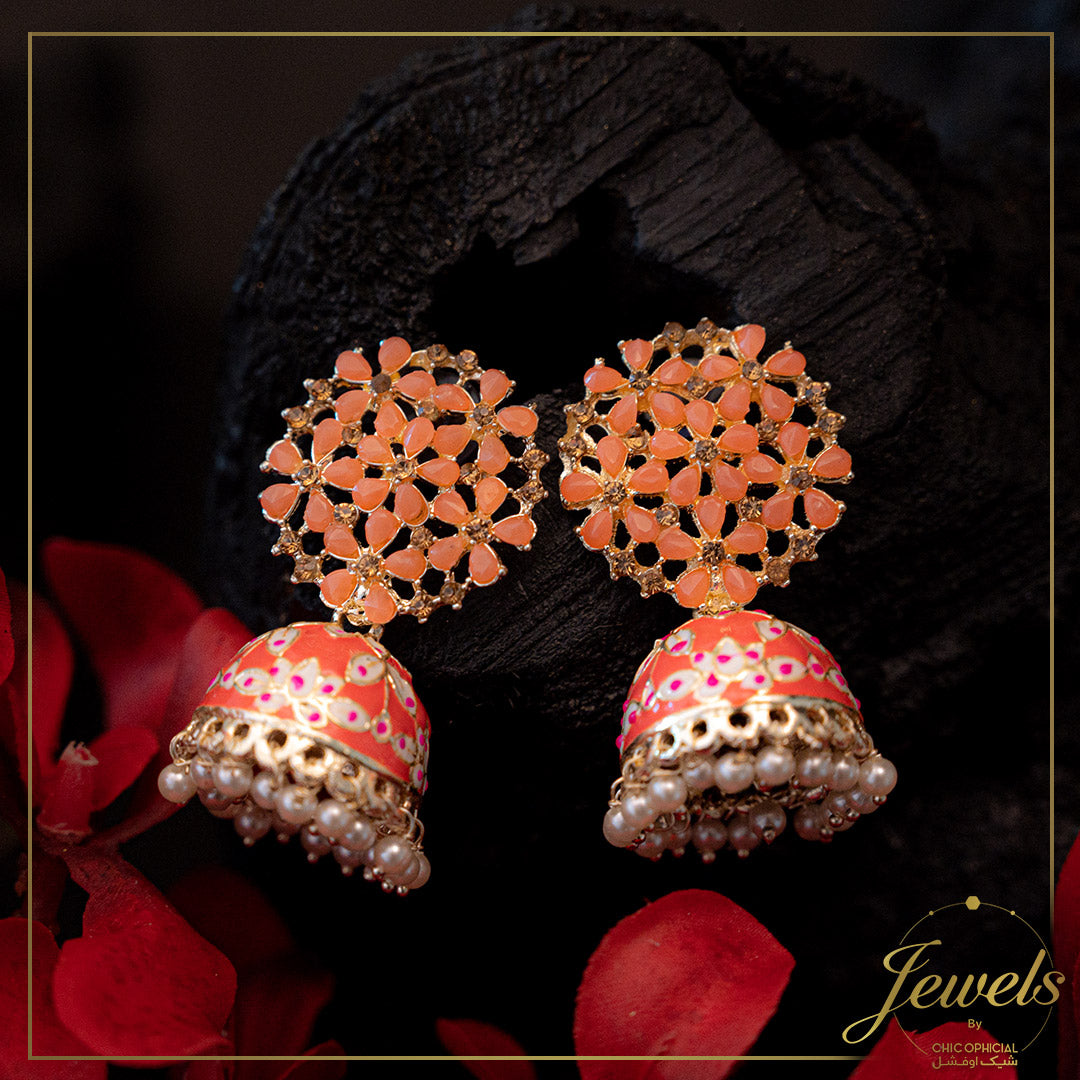 Peach Floral Kundan Jhumki