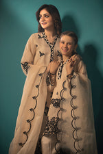 Beige Black Applique Mother Daughter Combo