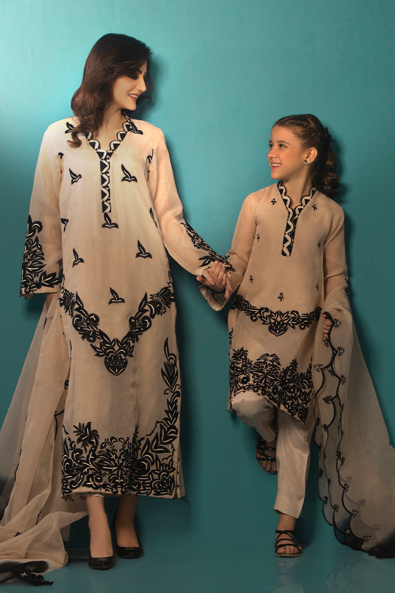 Beige Black Applique Mother Daughter Combo