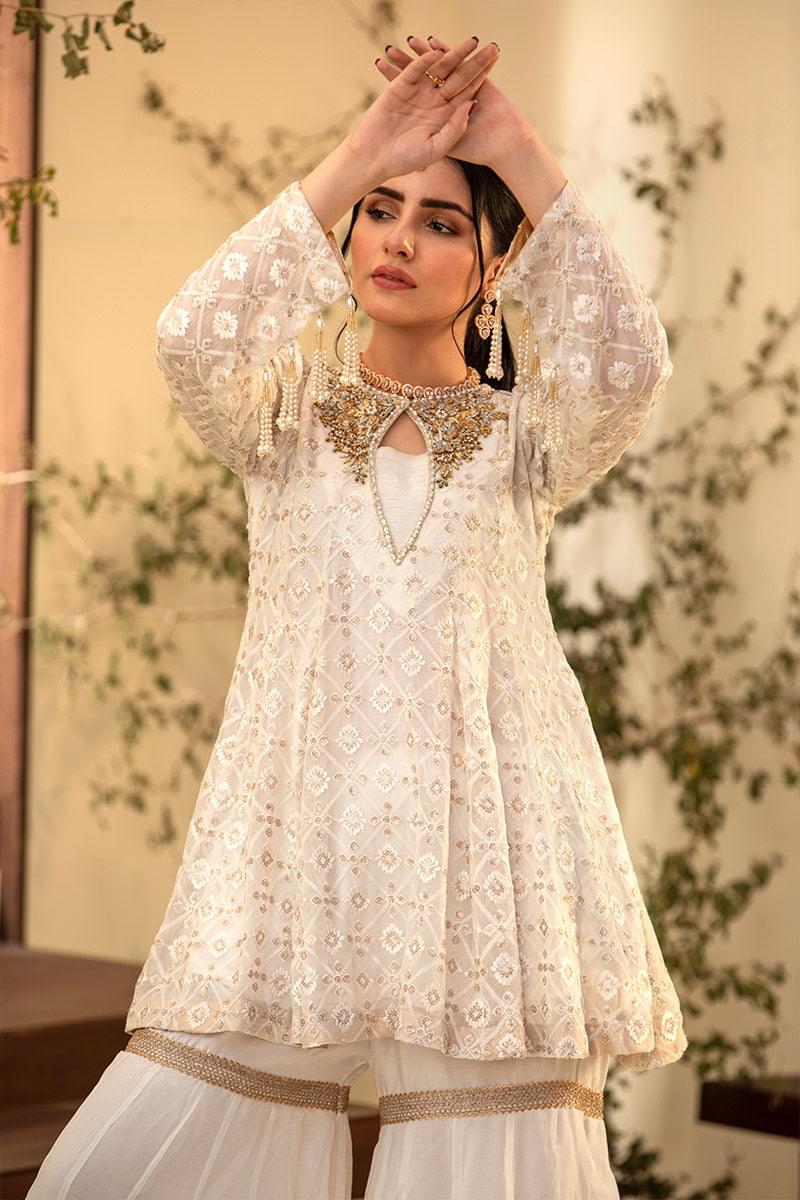 fancy peplum dress pakistani Pakistani Indian Designer peplum frock with gharara pants. Wedding Eid party