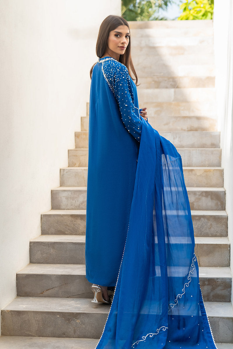 blue silk dress pakistani EZRA Blue Tassar Silk Pakistani Dress with Crystal Handwork Shireen Lakdawala