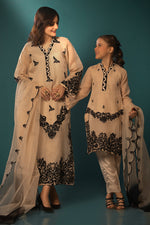 Beige Black Applique Mother Daughter Combo