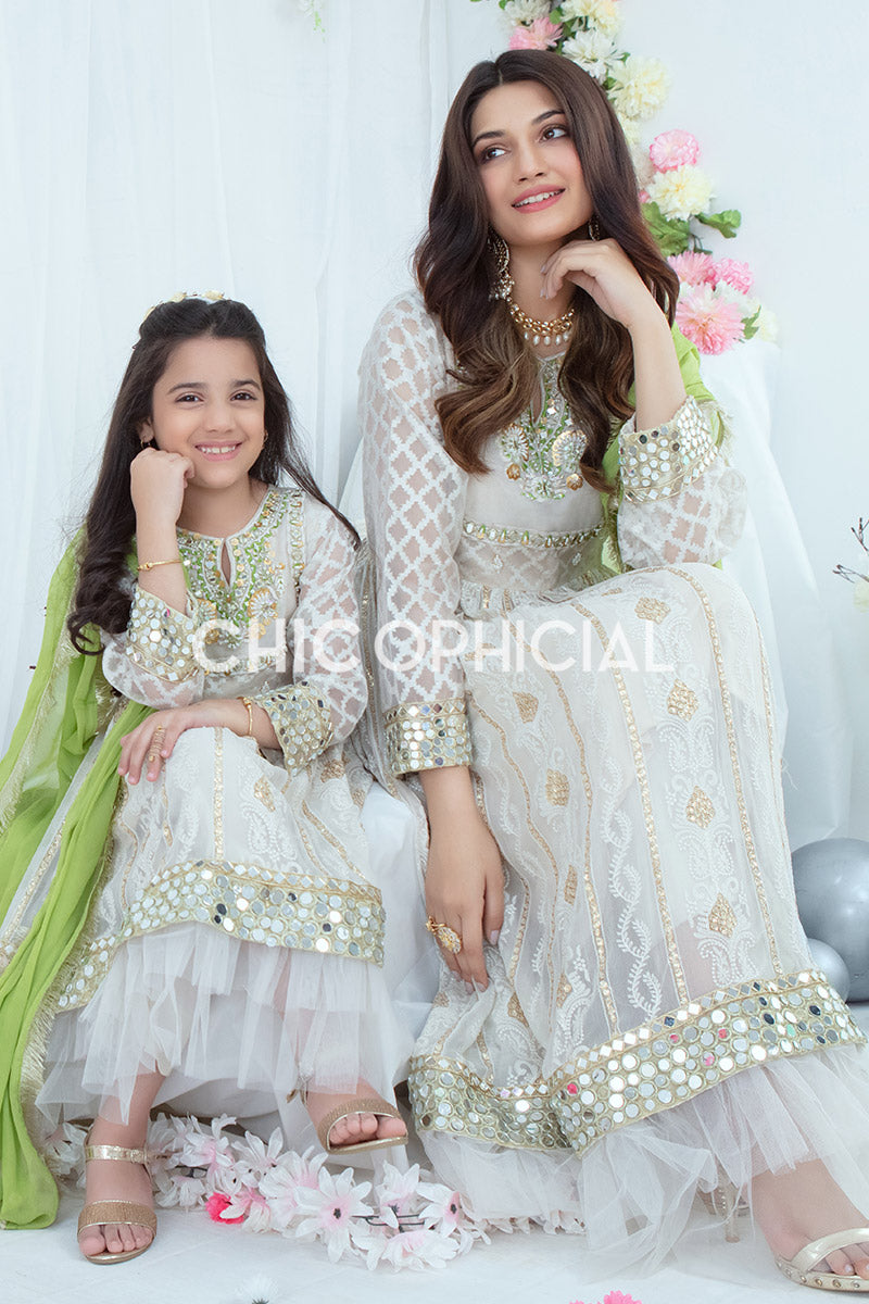 Ivory Green Pishwas Mother Daughter Combo
