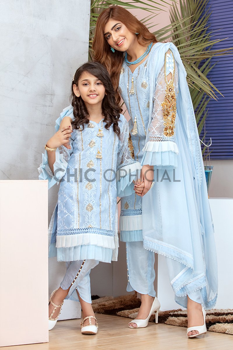 Blue Frills Mother Daughter Combo